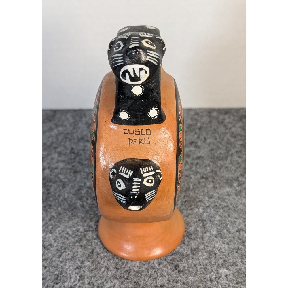 Vintage Cusco Peru Hand Painted Pottery Artisan Llama Jaguar Souvenir Vessel 7"T
